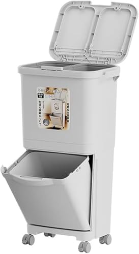 KOKUMON大容量 45L!2 段縦型 2 分割分別ゴミ箱|ふた付きで臭い漏れ防止・衛生的 キャスター付きで移動自在|乾湿分離に最適 生ゴミ・一般ゴミを効率的に分別|おしゃれなデザインで家庭・オフィス両用