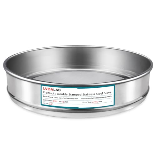 LVDALAB 304 Stainless Steel Lab Sieve Screen Mesh, 50 Mesh (0.355mm) Aperture Test Sieve, 12Inch(30cm) Diameter Economy Standard Analysis Sample Test Sieves for Industrial Laboratory Homes