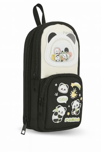 Image of Parshya Cute Pencil Pouch for Kids | Large Capacity Pencil Case for School & Tuition | Multi-Compartment Stationery Organizer with Mesh Pocket & Smooth Zippers | Black