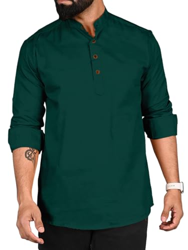 Image of ROYALSCOUT Men Cotton Blend Short Kurta with Mandarin Collar and Button Placket | Full Sleeve Regular Fit Ethnic Wear for Casual and Festive Use