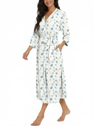 Image of VINTATRE Robes for Women Long Knit Bathrobe XS-4XL | 3 /4 Sleeve Bathrobes with Pockets, Stretchy and Lightweight Fabric, Inner Tie and Fixed Outer Matching Belt, Mid Calf Length