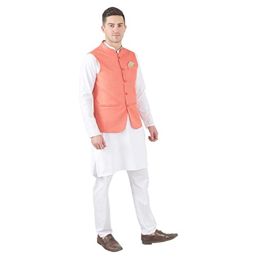 Image of TAHVO Men's Nehru Jacket /Waistcoat /Modi Jacket Cotton Fabric /Men 's 5 Button Nehru Jacket with Hanky Kurta Set