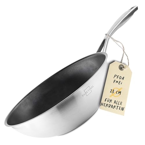SILBERTHAL Wokpfanne Induktion 28 cm - Edelstahl Wok mit Anti-Haftbeschichtung - Für alle Herdarten - Backofenfest