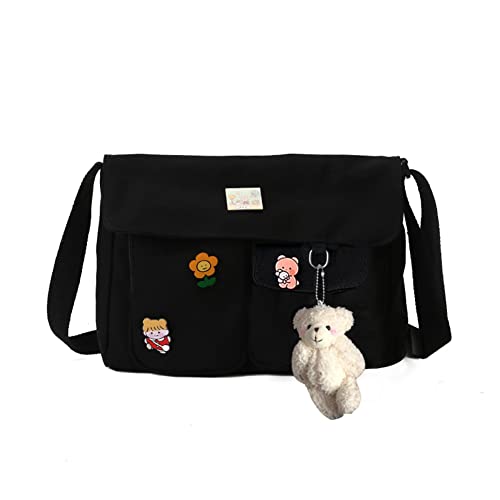Kawaii-Umhängetasche aus Segeltuch mit Kawaii-Nadeln und Bären-Anhänger für Mädchen, lässige Schultertasche für Schule, mehrere Taschen, Kawaii-Handtasche, 04-weißer Bären-Anhänger, schwarz Cover
