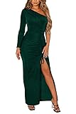 PRETTYGARDEN Women's Sexy One Shoulder Long Sleeve Velvet Dress Ruched Bodycon Drawstring Split Maxi Dresses (Dark Green,Small)