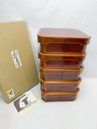 ほぼ未使用 懐石道具 飛騨春慶塗 銘々蓋付 重箱 5客揃 5枚蓋 紙箱 隅丸三段重 6.5寸 - 飛騨春慶塗 （飛騨高山の伝統工芸） - 山田春慶店