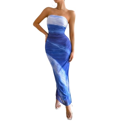Image of LIGHT DOT Women's Summer Maxi Dress Tie Dye Strapless Tube Bodycon Side Slit Mesh Layered