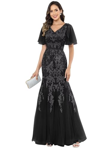 VGZ Lace Appliques Mother of The Bride Dresses with Sleeves Chiffon V Neck Long Formal Evening Gown
