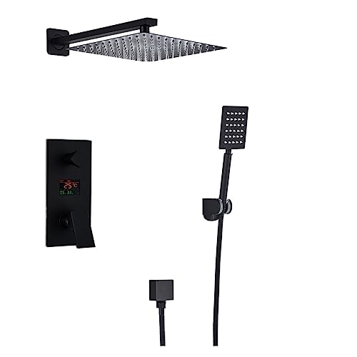 Juego de grifo de ducha de lluvia negro mate con pantalla digital de 10 pulgadas, grifo mezclador de baño de cascada, sistema de ducha de 2 vías para actualización moderna de baño