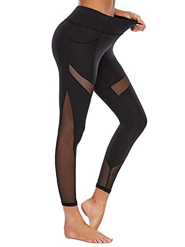 CSTOWN Women's High Waist Yoga Pants with Side Pockets Stretchy Mesh Insert Workout Leggings Tummy Control Yoga Tights4