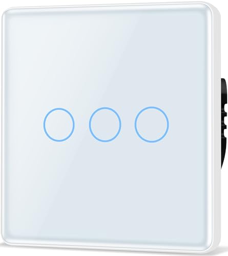 TAWOIA Touch Lichtschalter 3 Fach 1 Wege Unterputz Schalter mit 2.5D Curved Glas Platte 86 * 86mm Wandlichtschalter Weiß