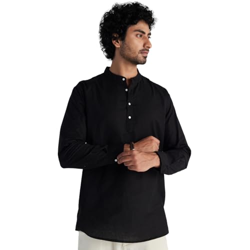 Image of SAADAA Men's Short Kurta - Linen Cotton Blend, Airy Fabric, Regular Fit, Mandarin Collar, Solid Color - Casual, Festive & Ethnic Wear