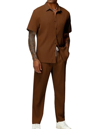 LecGee Men's 2 Piece Vertical Striped Textured Outfits Summer Casual