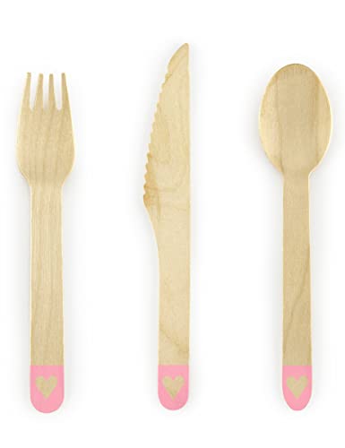 18 cubiertos de madera rosa con corazón, 16 cm, desechables