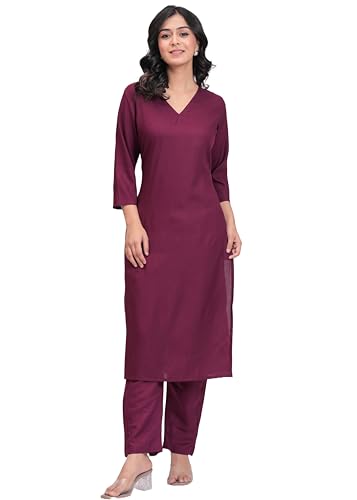Image of ANILINE Women's Rayon Solid plain v neck kurta Trouser /Pant set