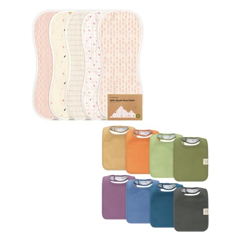KeaBabies 5-Pack Muslin Baby Burp Cloths for Boys and Girls and 8-Pack Baby Bibs - Cotton Kids Washcloths, Burping Rags - Drool Catcher Bib for Babies,