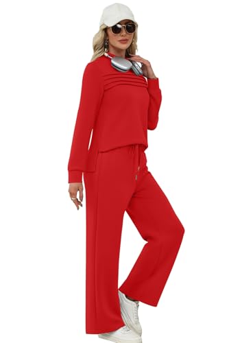 Image of WIHOLL Two Piece Sets for Women Spring Travel Vacation Outfits 2026 Long Sleeve Lounge Sets Side Slit Wide Leg Pants S-3XL