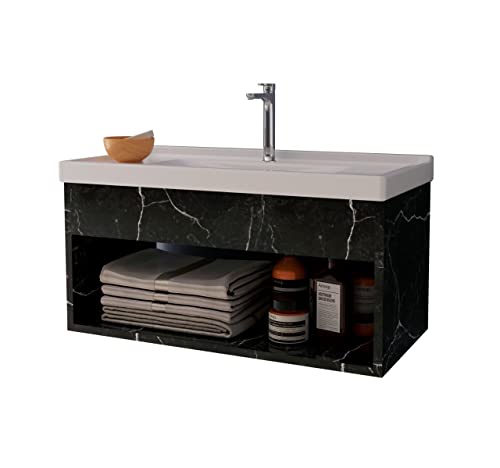 Gabinete Armario para Banheiro 100% MDF com Cuba - Zoff Preto 60cm