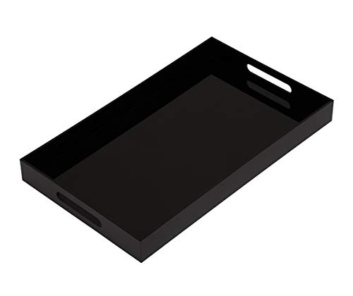 Glossy Black Sturdy Acrylic Serving Tray with Handles-12x20Inch-Serving Coffee,Appetizer,Breakfast,Butler-Kitchen Countertop Makeup Drawer Organizer-Vanity Table Ottoman Decorative Tray