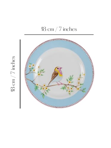 GOLDEN QUEEN'S Snack Plates Set of 4 | Perfect for Snacks, Desserts, Appetizers, Salads, Tapas, Cheese | 7 inches Wide | Microwave Safe (Birdie in Blue)
