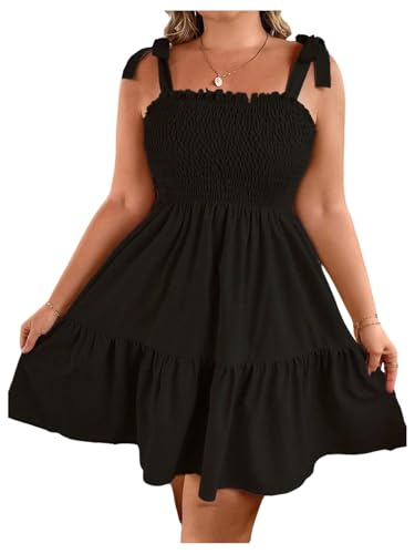 Image of Floerns Women's Plus Size Summer Knot Tie Shoulder Ruffle Straps Flounce Flowy Smocked Sundress Shorts Dress