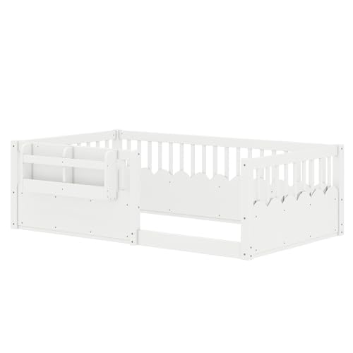 Image of Bellemave Twin Size Kids Montessori Floor Bed,Solid Wood Floor Bed Frame with Bookshelf and High Fence for Kids,Girls,Boys,White