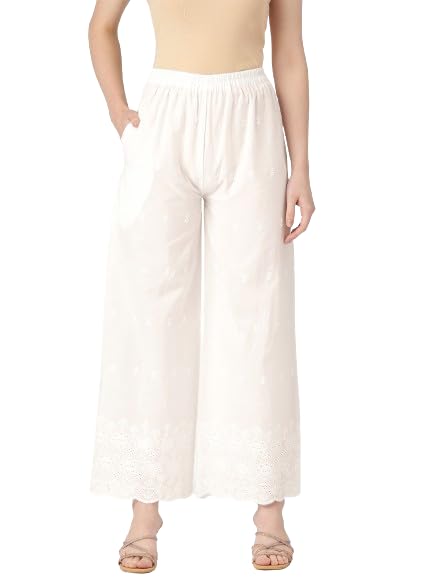 Image of feranoid White Chicken Embroidred Cotton Regular Fit Palazzo