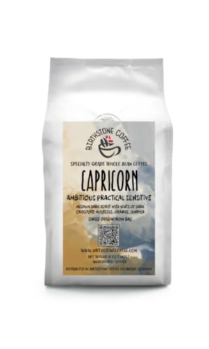 CAPRICORN Coffee/ Birthstone Coffee Birthday Collection/ WHOLE BEANS/ December 22-January 19. Overachiever! You're sensitive, practical, ambitious, loyal and supportive of your friends. Specialty Grade/ Single Origin from Indonesia/ Medium Dark Roast/ Notes of dark chocolate, molasses, and orange. 12oz.