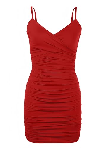 Image of Women's Spaghetti Strap V Neck Bodycon Ruched Going Out Mini Dress for Club Party Date Night