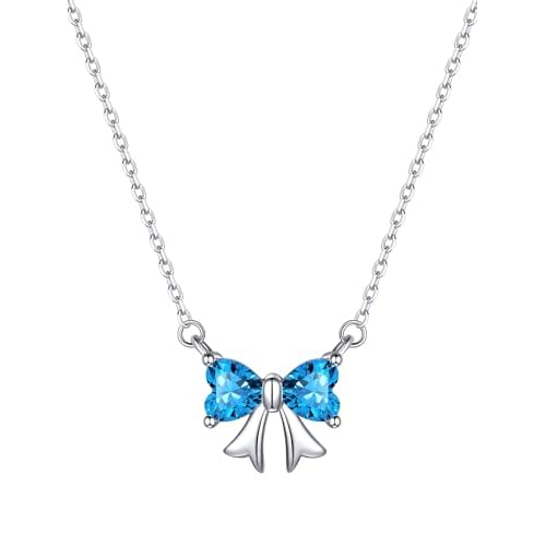 ChicSilver Bow Birthstone Necklace, 925 Sterling Silver Pendant Necklaces for Women, Hypoallergenic Silver Choker with 16 inch Rolo Chain, 12 Months Jewelry for Valentines Mothers Day Christ
