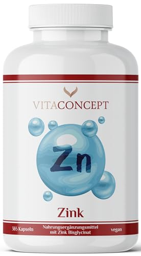 Zink Kapseln I Jahresvorrat 365 Stück I hochdosiert 25mg pro Kapsel I hochwertiges Zink-Bisgylcinat I ohne Zusätze wie Magnesiumstearat I Vitaconcept
