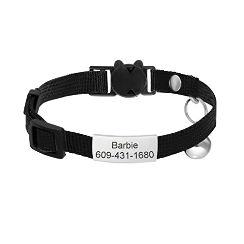 Jiquan Personalized Cat Collars,Breakaway Adjustable Kitten Collars with Name Tag,Cat ID Collar Engraved Pet Name Phone,Safety Collars with Bell,7 Colors,Up to 3 Lines of Custom Text(S Black)