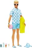 Barbie Blonde Ken Doll with Blue Button Down and Swim Trunks, Visor, Towel and Beach-Themed Accessories