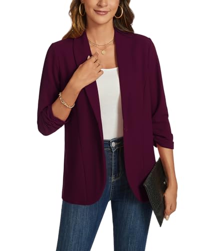 MINTLIMIT Women's Ruched 3/4 Sleeve Open Front Shawl Collar Blazer Lightweight Work Office Jackets Blazers, Burgundy2