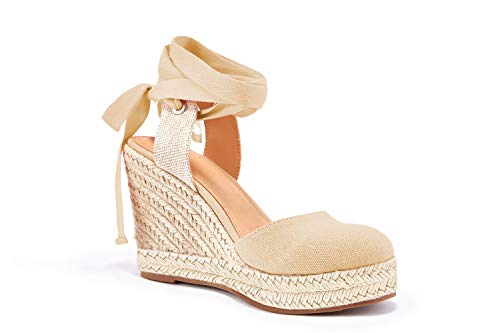 Image of FISACE Womens Summer Espadrille Heel Platform Wedge Sandals Ankle Buckle Strap Closed Toe Shoes