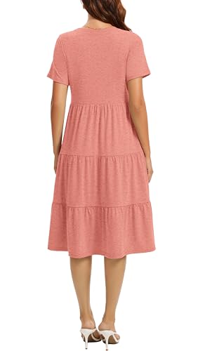 Image of Womens Summer Short Sleeve Crew Neck Midi Dress 2026 Casual Fit Flowy Tiered Beach Vacation Sundress with Pockets
