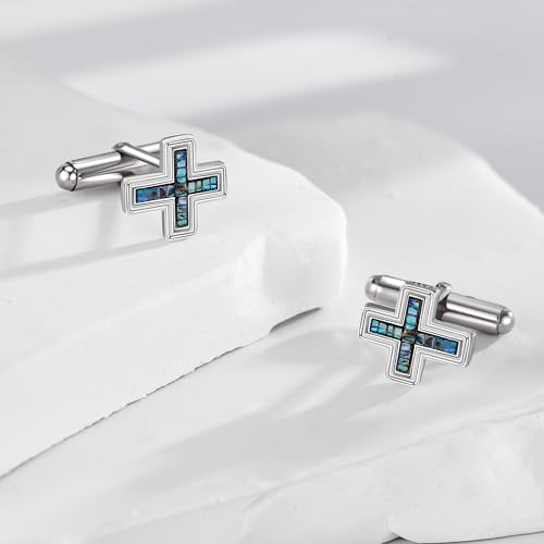 YAFEINI Cross Cufflinks for Men 925 Sterling Silver Abalone Shell Christian Pair of Cufflinks Business Wedding Groomsmen Gifts Suit Shirt Accessories for Men Father2
