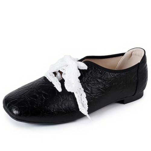 Women Soft Leather Flat Square Toe Ballet Shoes with Lace up Fashion Comfortable Low Block Heel Casual Dress Flats for Office Walk