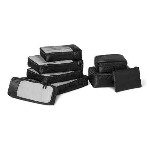 Amazon Essentials 8-teiliges Packwürfel-Reisezubehörset, Gepäck-Organizer mit Doppelreißverschluss, 100% Polyester, Mehrere Maße, Schwarz