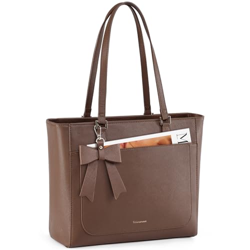 RAINSMORE Handtasche Damen Groß Shopper Business Tasche Damen Wasserdichte Leder Tote Bag Mittelgroß Arbeitstasche Henkeltasche Umhängetasche Schultertasche Kaffee