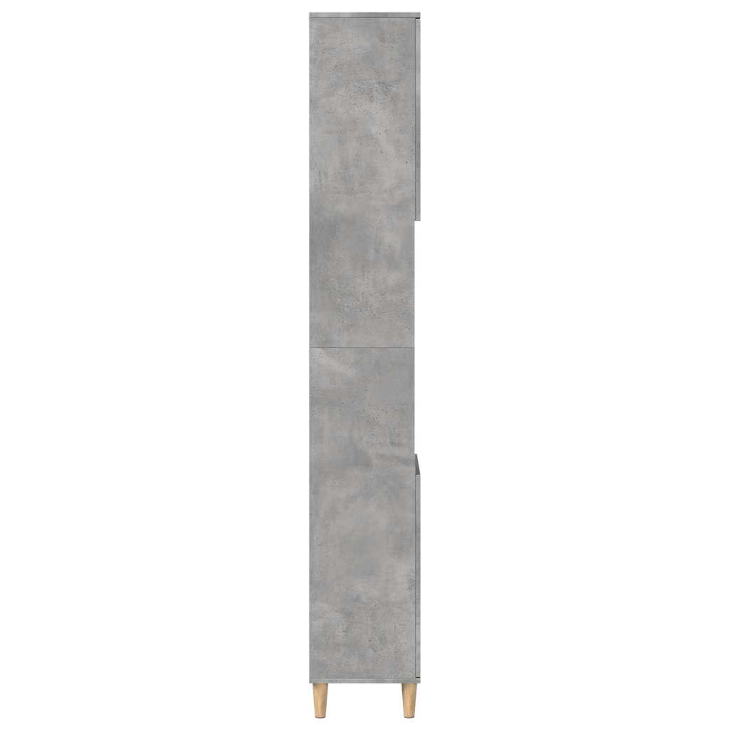 Armadietto da bagno grigio cemento, 30 x 30 x 190 cm, in legno con 6 scomparti e 2 ante, gambe in legno massiccio di eucalipto, spazio per bagno, WC degli ospiti, mobiletto sottolavabo