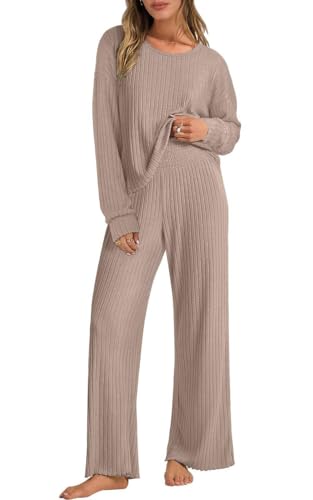 Joligiao Conjunto Dos Piezas de Tejido Mujer Casual Conjunto Punto Mujer Tops de Manga Larga Cuello Redondo y Pantalones Talla Grande Suelto Chándales Deportivo