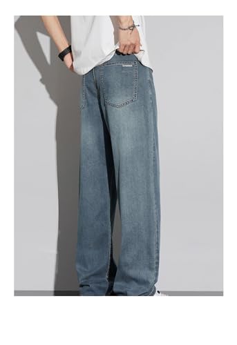 Men's Summer Ultra-Thin Jeans Soft Drape Loose Comfortable Wide-Leg Ice Silk Pants Vintage Blue 342