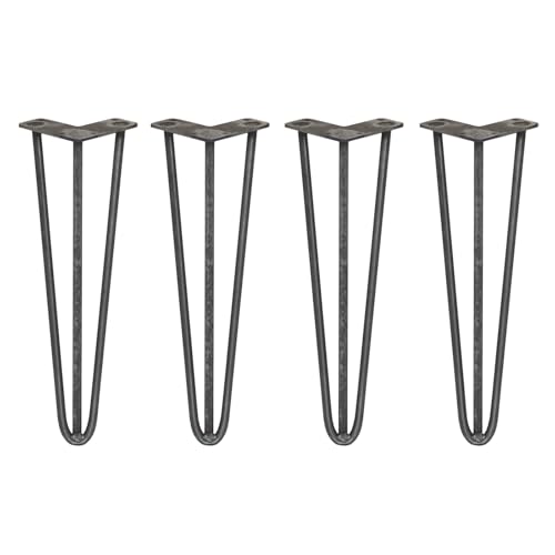 Image of SkiSki Hairpin Table Legs 16” 41cm Pack of 4 Raw Steel Heavy Duty 12mm Thick Steel 3 Prong 300kg Load Capacity DIY Furniture Glide Discs Floor Protectors & Screws Included