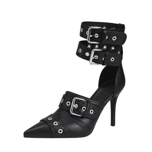 Women's Pumps Shoes Studded Buckle Strap Zipper High Heels Pointed Closed Toe Stiletto Punk Pumps for Women