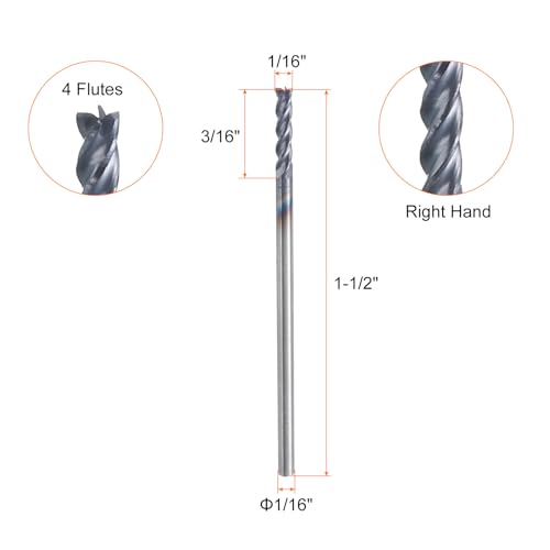 Image of HARFINGTON 5pcs Carbide Square Nose End Mill Bit 1 /16 inch Cut Dia 4 Flutes TiAlN Coated Milling Cutter for Hardened Steel Metal (1 /16 inch Shank 3 /16 inch Cut Length 1-1 /2 inch Long 45 Degree HRC53-55)