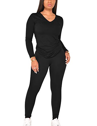 BORIFLORS Women's Causal 2 Piece Outfits Romper V Neck Long Sleeve Tops Pants Set Sexy Club Jumpsuit,XX-Large,Black