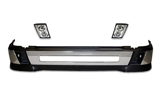 Kozak Plastic Bumper (W/ Corner Extensions + Chrome Cover Trim + Foglight Set) Compatible With Volvo Vnl 04-15 Plus Mounting Bracket, Logo With Stripe, Wipers And Kozak Vest #TOP10