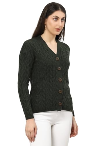 Image of Kalt Women Full Sleeves Cable Button Acrylic V-Neck Sweater