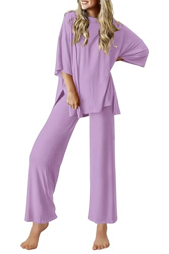 Image of Ekouaer Lounge Sets for Women Short Sleeve Tops and Long Pants Soft Comfy Pajamas Set 2 Piece Outfits